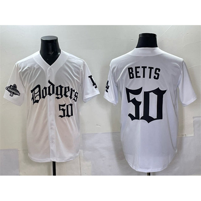 Boles Los Angeles Dodgers #50 Mookie Betts White  2025 LA Gothic Style With 2024 World Series Champions Patch Vapor Premier Limited Stitched Jersey