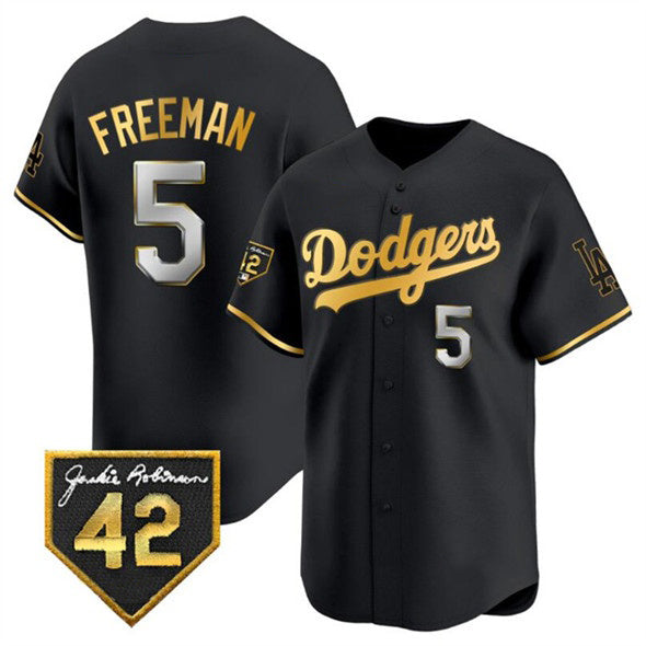 Boles Los Angeles Dodgers #5 Freddie Freeman Black Gold  With Jackie Robinson Patch Limited Stitched Jersey