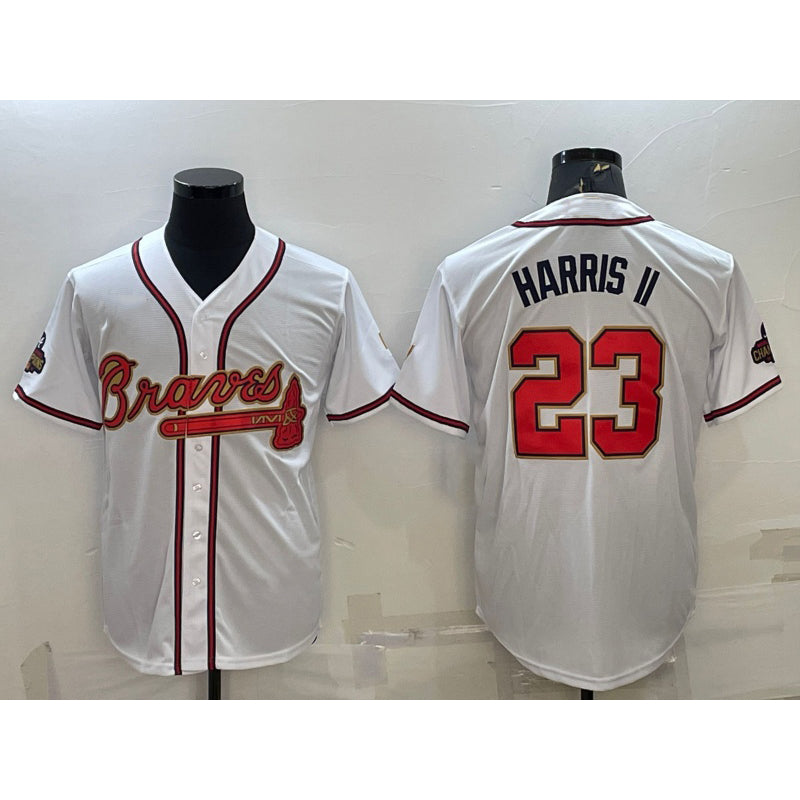 Boles Atlanta Braves #23 Michael Harris II White Gold  World Series Champions Program Cool Base Stitched Jersey