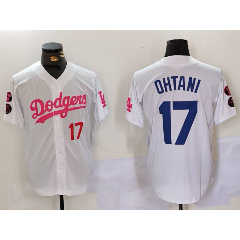Boles Los Angeles Dodgers #17 Shohei Ohtani White Pink  Vin & Kobe Patch Stitched Jerseys