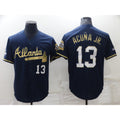 Boles Atlanta Braves #13 Ronald Acuna Jr Navy Blue  2021 World Series Champions Golden Edition Stitched Cool Base Jersey