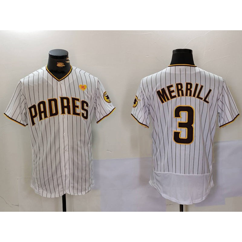 Boles  San Diego Padres #3 Jackson Merrill White  With PS Patch Stitched Flex Base Jersey 2