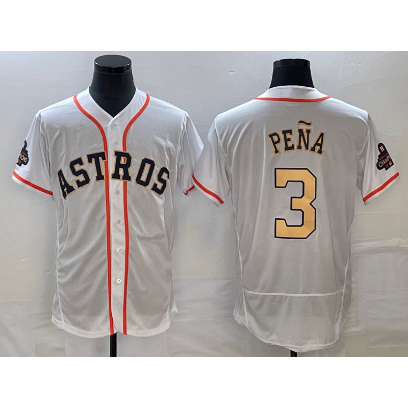 Boles Houston Astros #3 Jeremy Pena 2023 White Gold  World Serise Champions Patch Flex Base Stitched Jersey