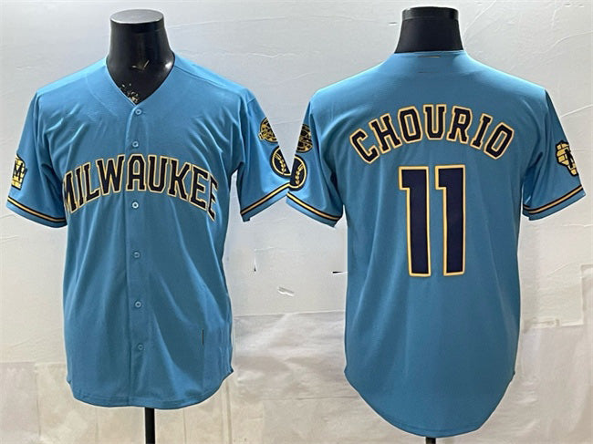 Boles    Milwaukee Brewers #11 Jackson Chourio Blue  With Home & Bob Uecker Patch Stitched Jersey