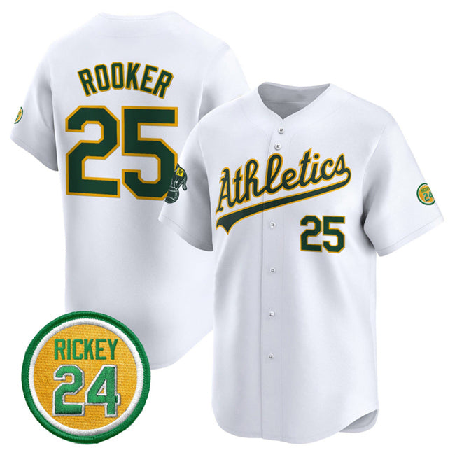Boles  Oakland Athletics  #25 Brent Rooker White  2024 Home Limited With Rickey Henderson Patch Stitched Jersey