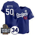 Boles Los Angeles Dodgers #50 Mookie Betts Royal  2024 World Series With No. 34 Patch Cool Base Stitched Jersey