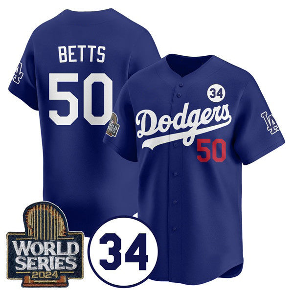 Boles Los Angeles Dodgers #50 Mookie Betts Royal  2024 World Series With No. 34 Patch Cool Base Stitched Jersey