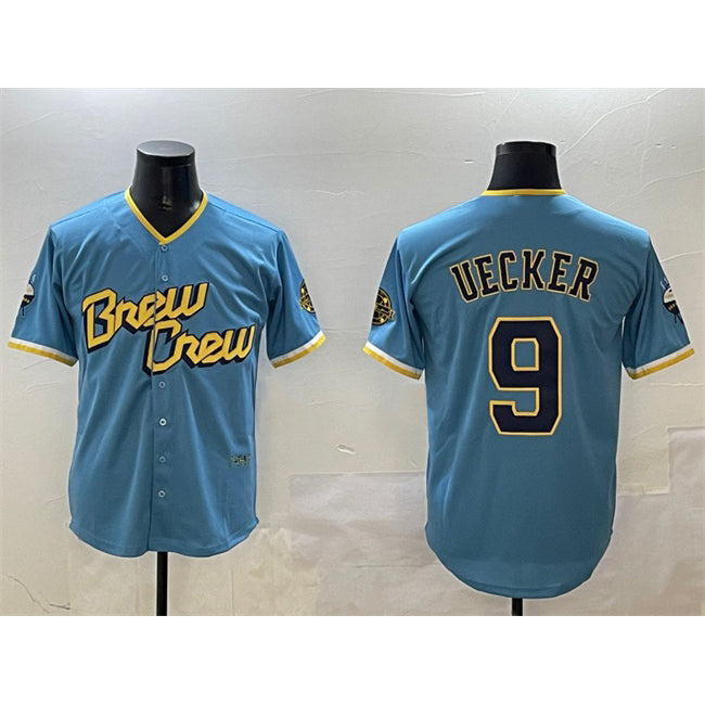 Boles    Milwaukee Brewers #9 Bob Uecker Powder Blue  City Connect With Patch Cool Base Stitched Jersey