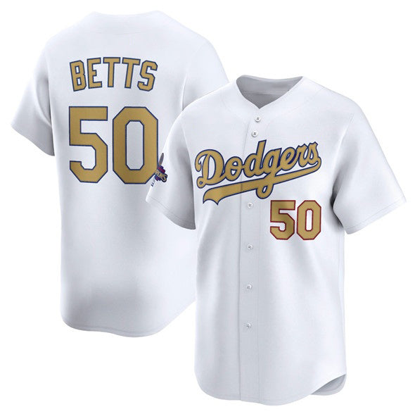 Boles Los Angeles Dodgers #50 Mookie Betts White  2025 Gold Collection Limited Stitched Jersey