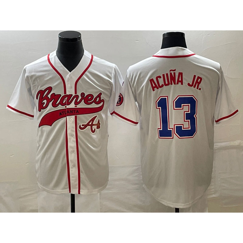Boles Atlanta Braves #13 Ronald Acuna Jr White  Cool Base With Patch Stitched Jersey 2