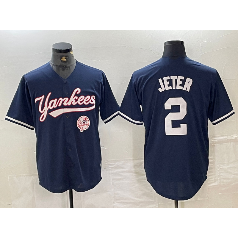 Boles  New York Yankees #2 Derek Jeter Navy  With Patch Cool Base Stitched Jersey