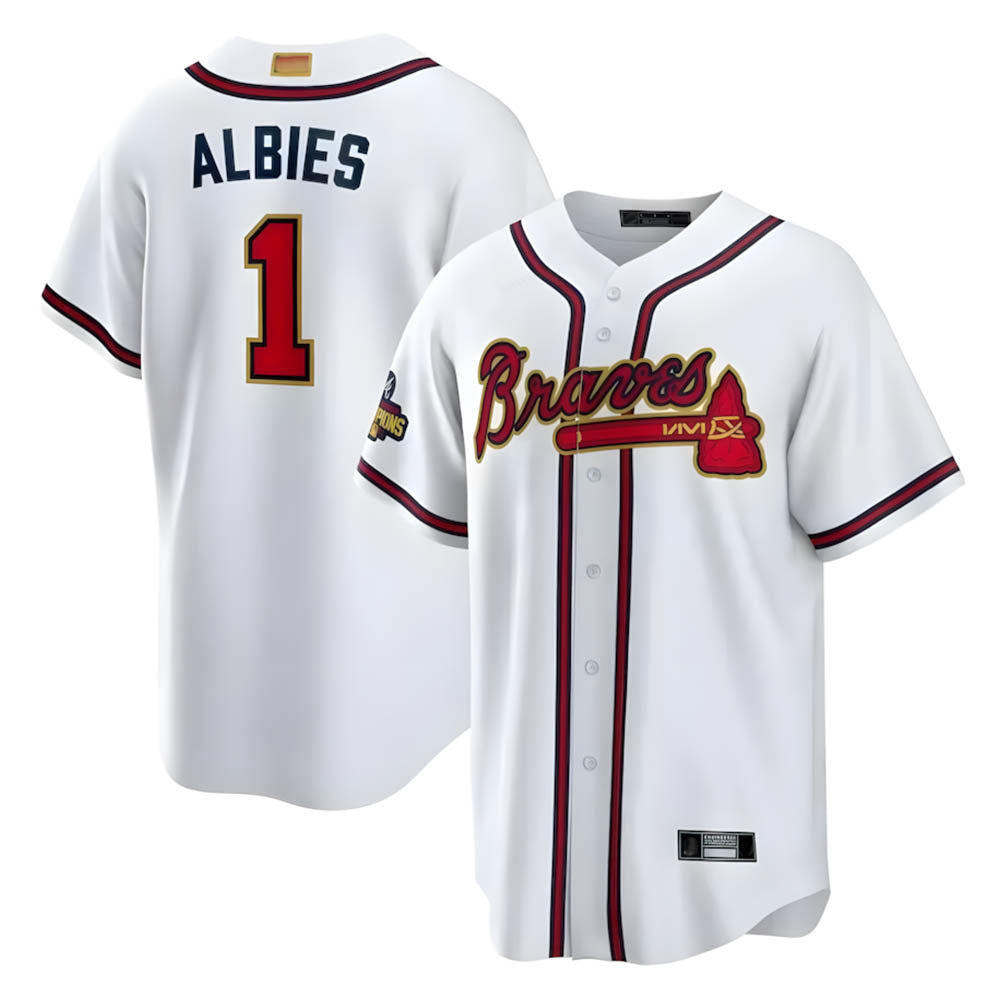 Boles A.Braves #1 Ozzie Albies Player White World Series Gold Program Stitched Jerseys