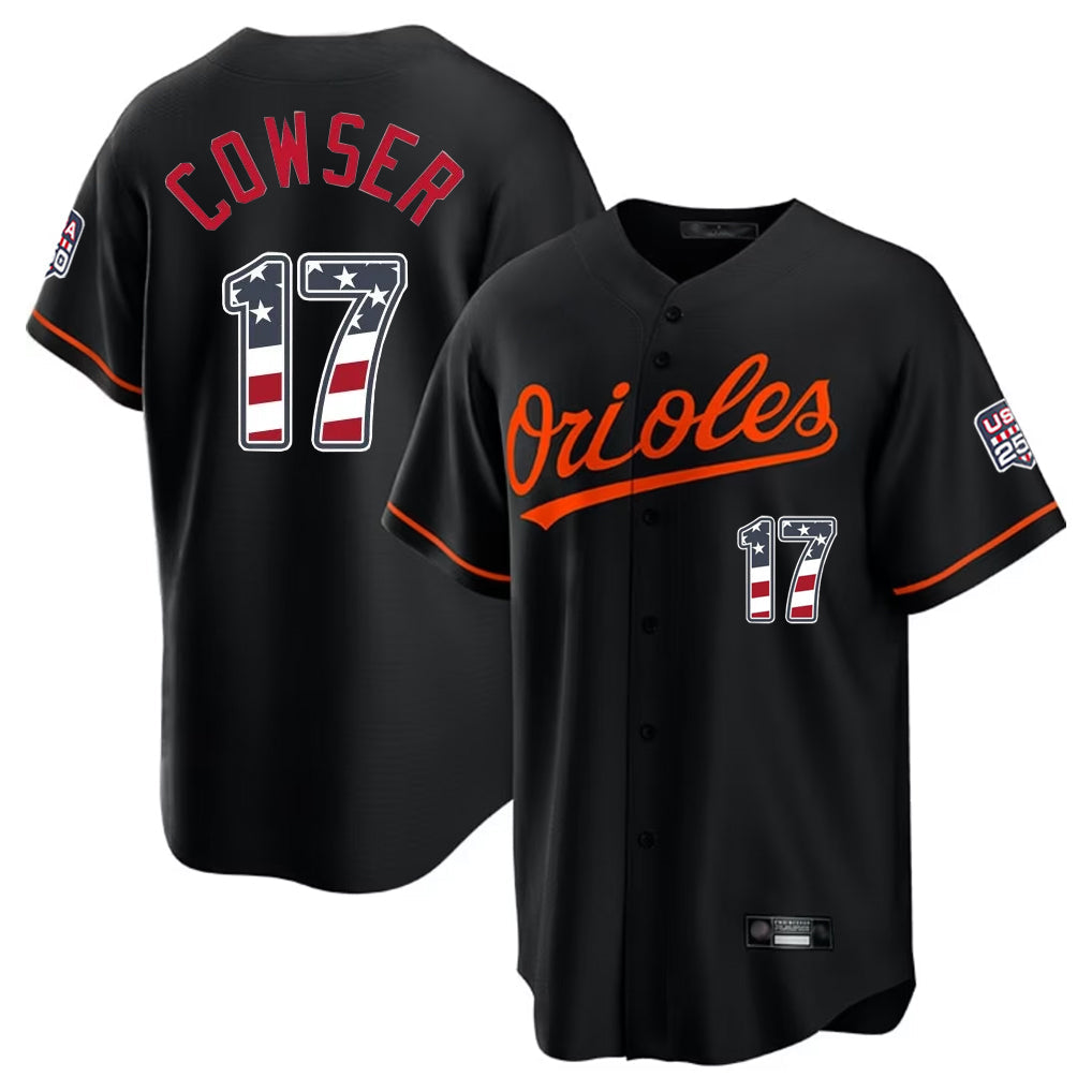 Boles B.Orioles #17 Colton Cowser Player Black USA 250 Fourth of July Home Game Stitched Jerseys