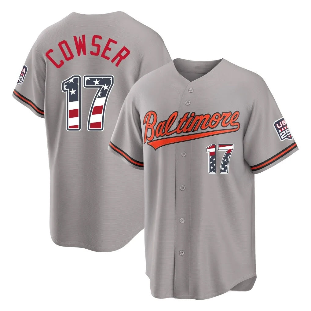 Boles B.Orioles #17 Colton Cowser Player Gray USA 250 Fourth of July Home Game Stitched Jerseys