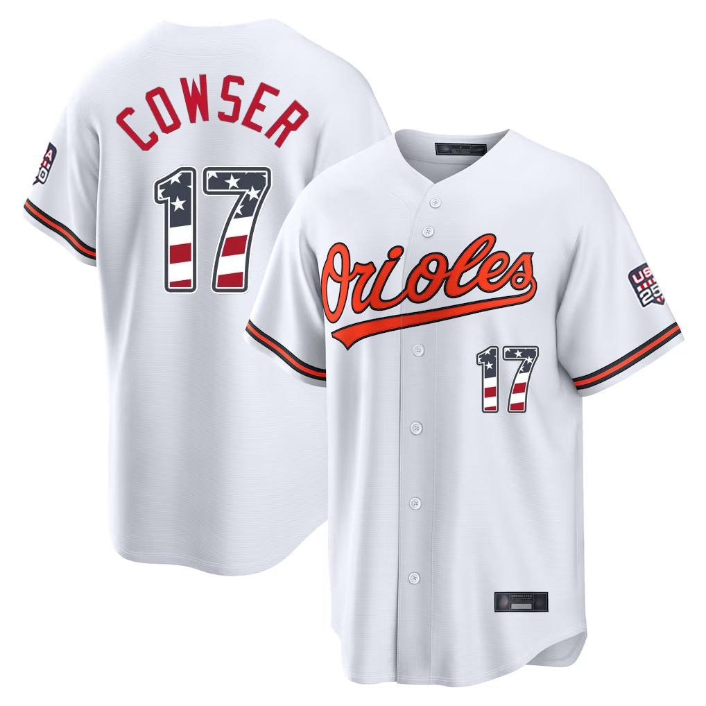 Boles B.Orioles #17 Colton Cowser Player White USA 250 Fourth of July Home Game Stitched Jerseys