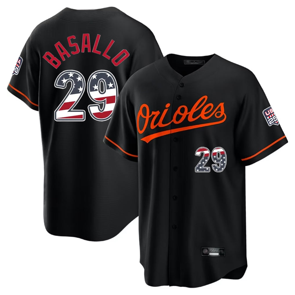Boles B.Orioles #29 Samuel Basallo Player Black USA 250 Fourth of July Home Game Stitched Jerseys