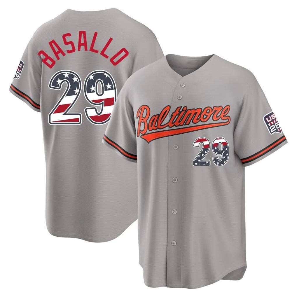 Boles B.Orioles #29 Samuel Basallo Player Gray USA 250 Fourth of July Home Game Stitched Jerseys