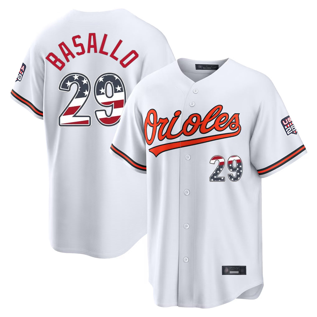 Boles B.Orioles #29 Samuel Basallo Player White USA 250 Fourth of July Home Game Stitched Jerseys