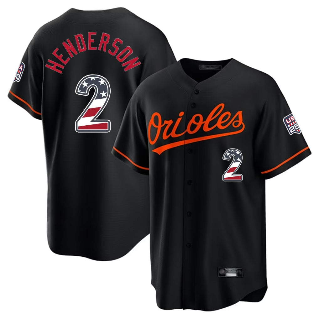 Boles B.Orioles #2 Gunnar Henderson Player Black USA 250 Fourth of July Home Game Stitched Jerseys
