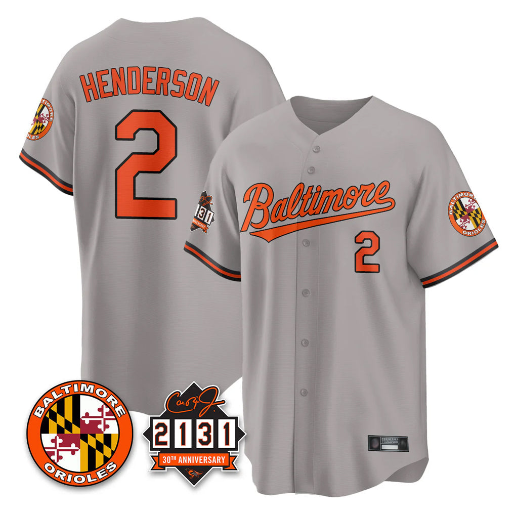 Boles B.Orioles #2 Gunnar Henderson Player Gray 30th Anniversary of 2131 Home Game Stitched Jerseys