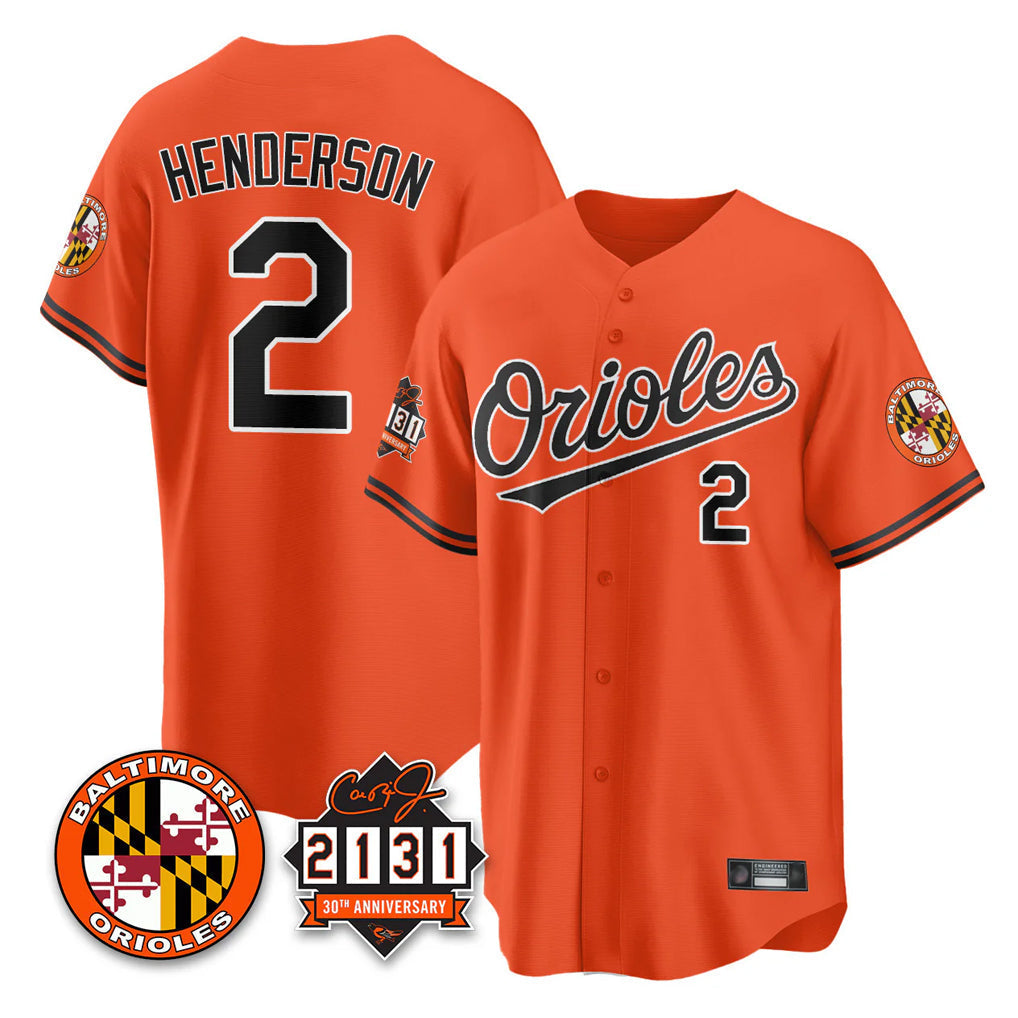 Boles B.Orioles #2 Gunnar Henderson Player Orange 30th Anniversary of 2131 Home Game Stitched Jerseys