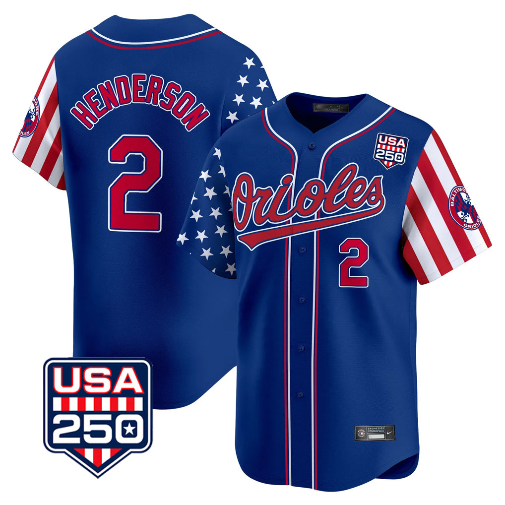 Boles B.Orioles #2 Gunnar Henderson Player Royal USA 250 Independence Day Vapor Premier Limited Home Game Stitched Jerseys