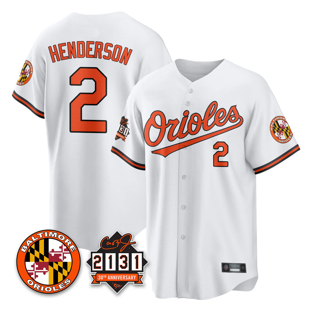 Boles B.Orioles #2 Gunnar Henderson Player White 30th Anniversary of 2131 Home Game Stitched Jerseys