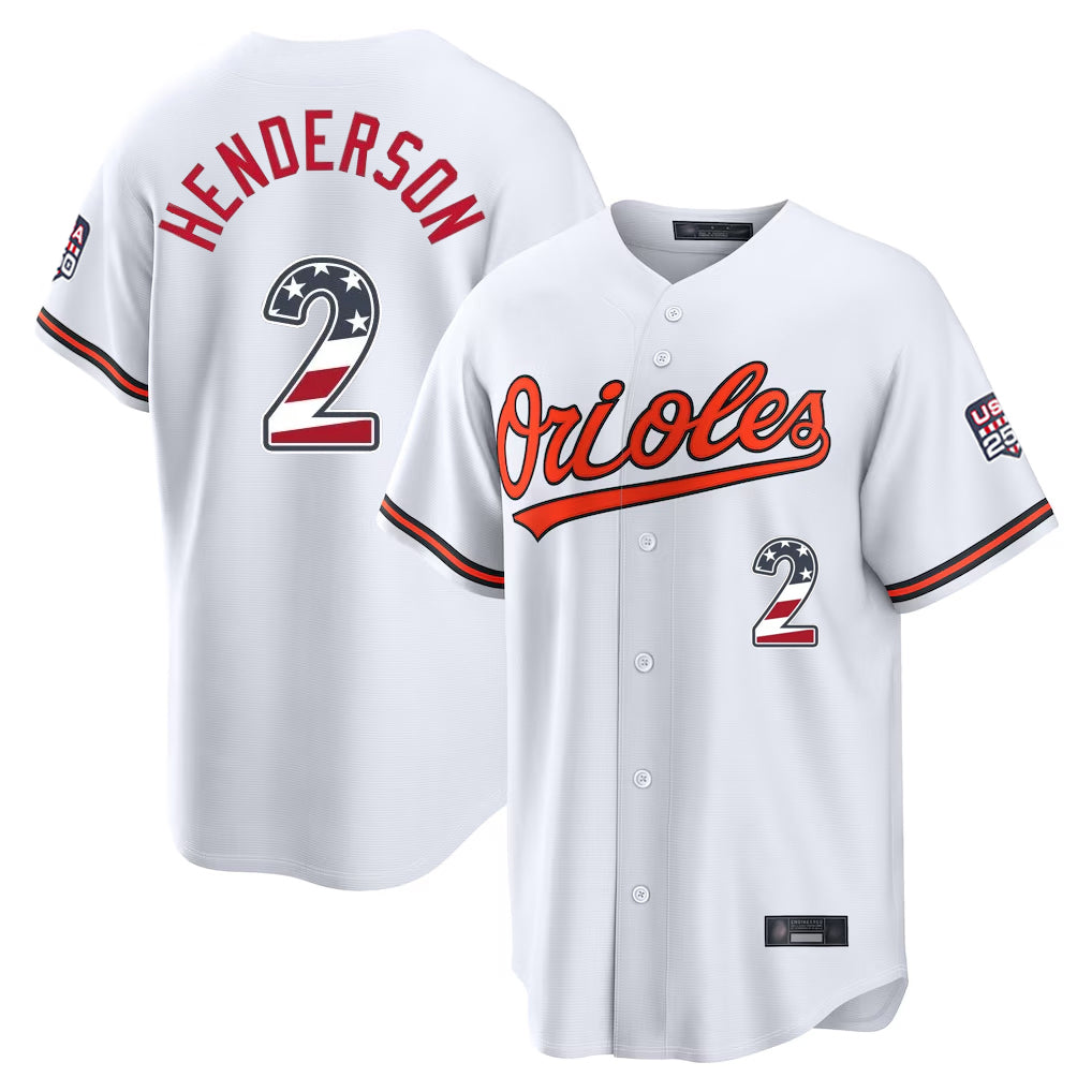 Boles B.Orioles #2 Gunnar Henderson Player White USA 250 Fourth of July Home Game Stitched Jerseys