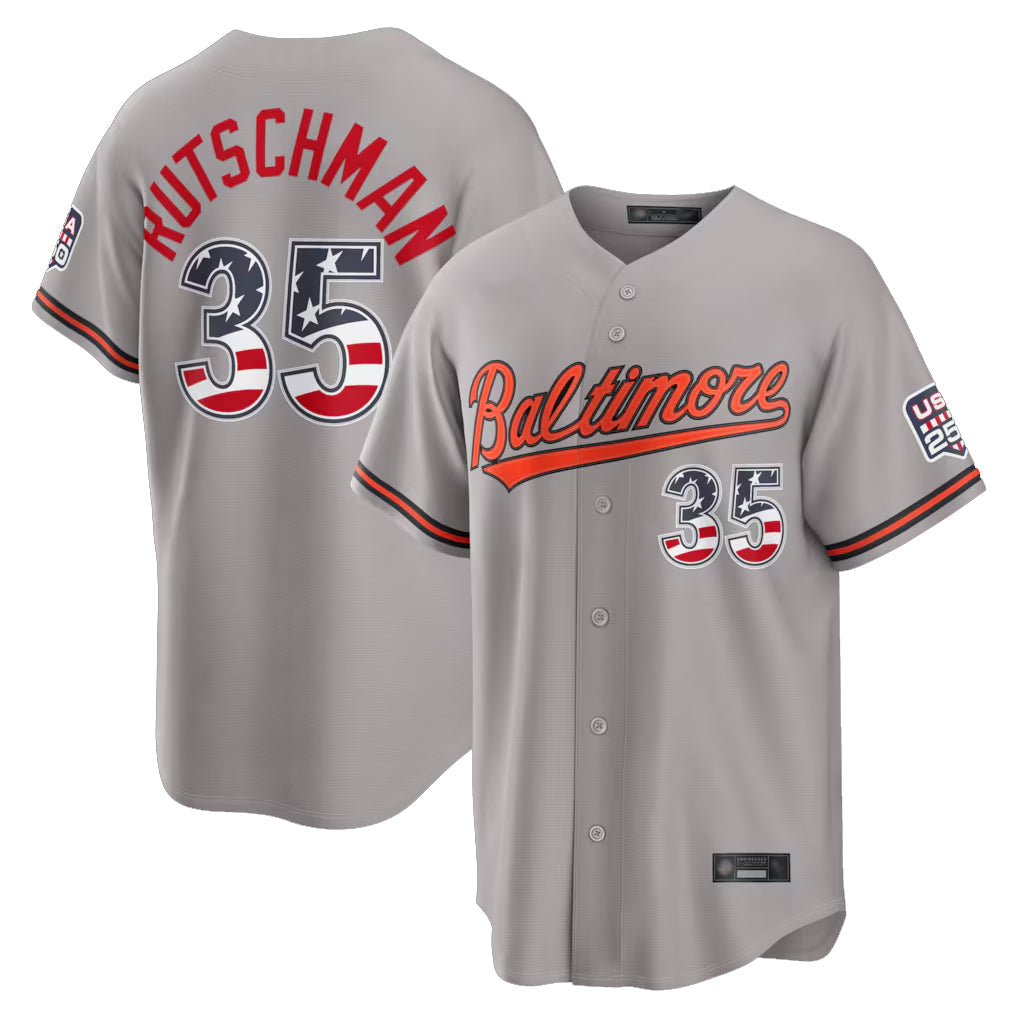 Boles B.Orioles #35 Adley Rutschman Gray USA 250 Fourth of July Home Game Stitched Jerseys