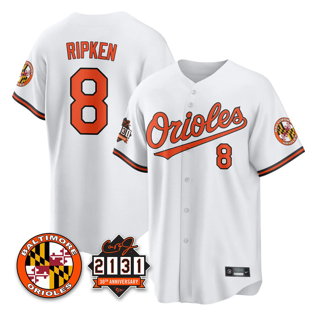 Boles B.Orioles #8 Cal Ripken Player White 30th Anniversary of 2131 Home Game Stitched Jerseys