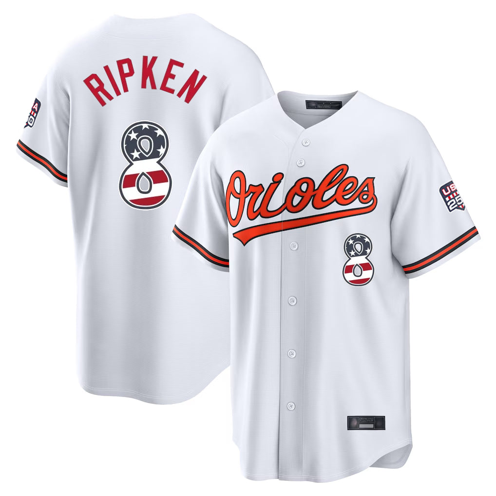 Boles B.Orioles #8 Cal Ripken Player White USA 250 Fourth of July Home Game Stitched Jerseys