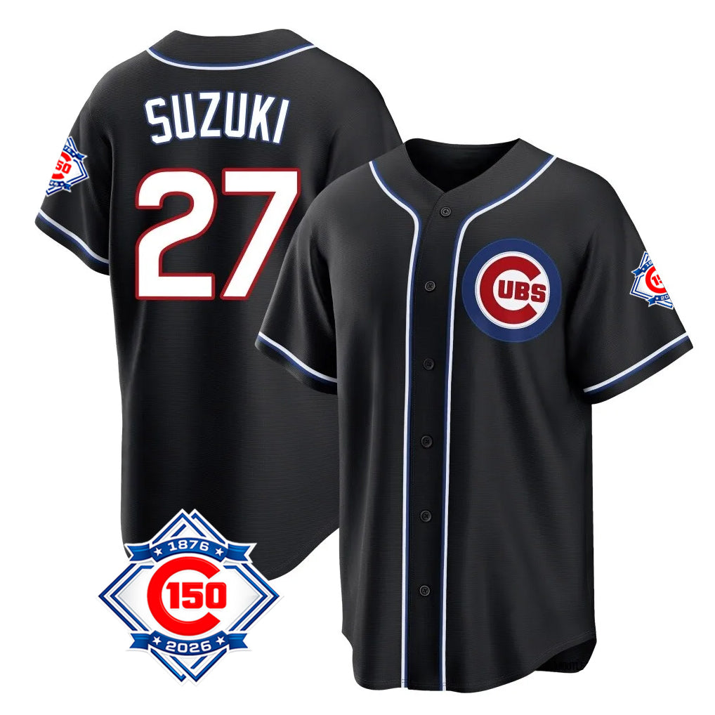 Boles C.Cubs #27 Seiya Suzuki Player Black Fashion Out 150th Anniversary Game Stitched Jerseys