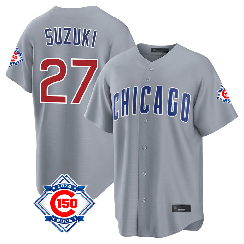 Boles C.Cubs #27 Seiya Suzuki Player Gray 150th Anniversary Home Game Stitched Jerseys