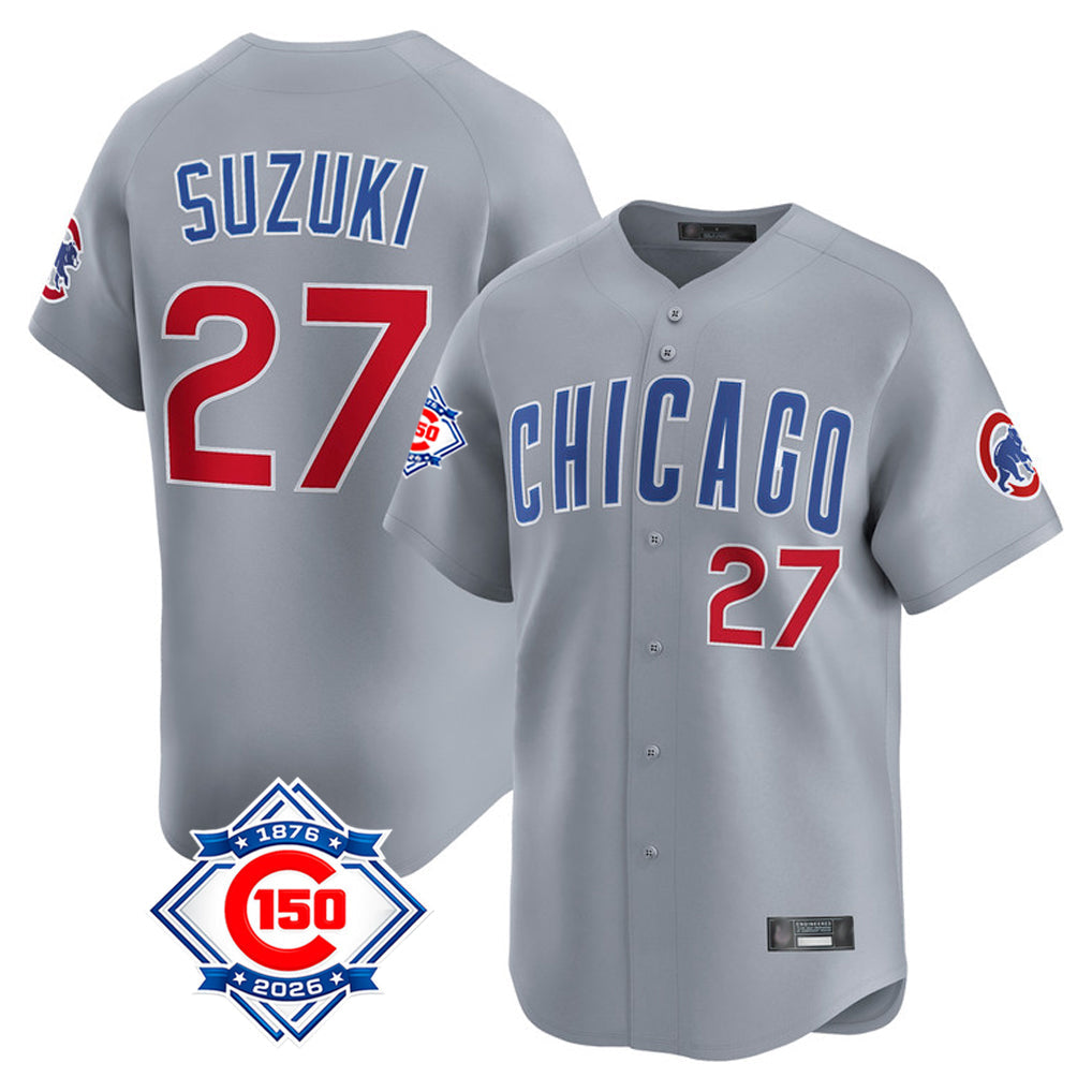 Boles C.Cubs #27 Seiya Suzuki Player Gray Road 150th Anniversary Limited Home Stitched Jerseys
