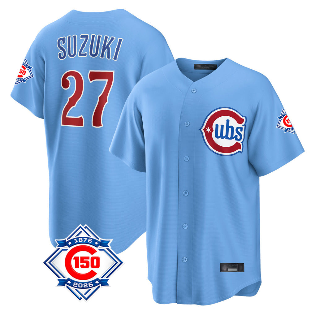 Boles C.Cubs #27 Seiya Suzuki Player Light Blue 150th Anniversary Home Game Stitched Jerseys