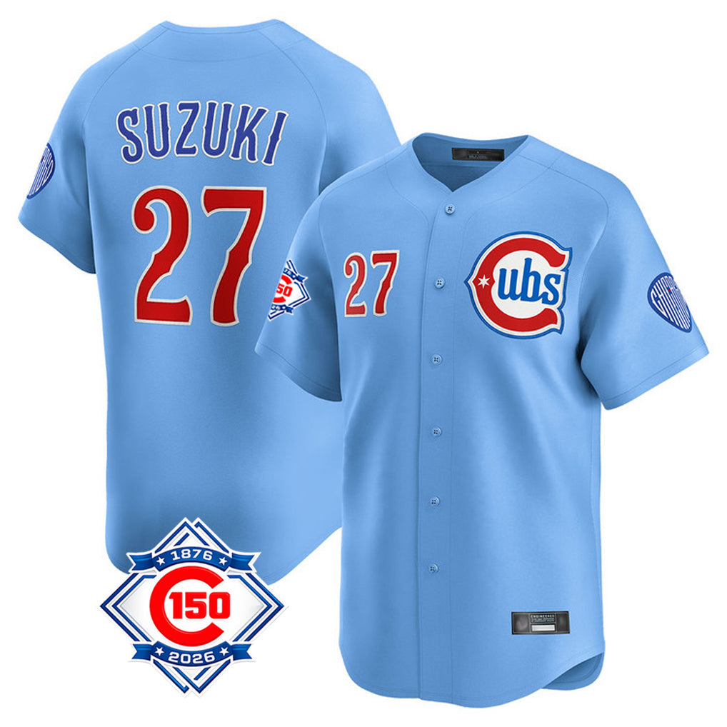Boles C.Cubs #27 Seiya Suzuki Player Light Blue 150th Anniversary Limited Home Stitched Jerseys