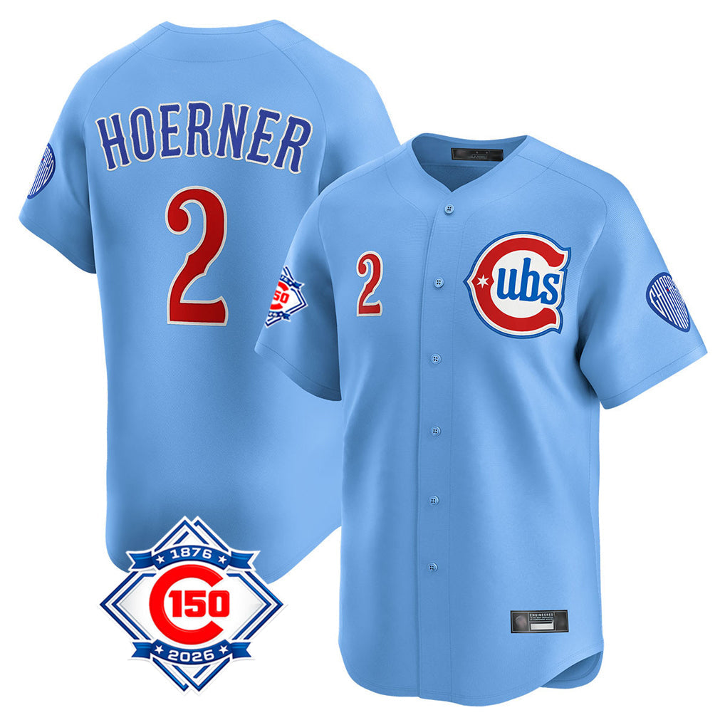 Boles C.Cubs #2 Nico Hoerner Player Light Blue 150th Anniversary Limited Home Stitched Jerseys