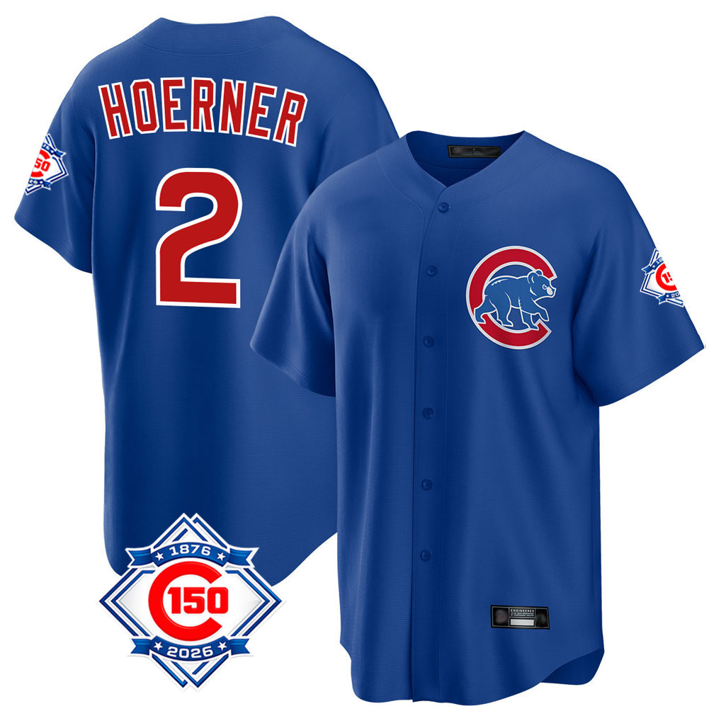 Boles C.Cubs #2 Nico Hoerner Player Royal 150th Anniversary Home Game Stitched Jerseys