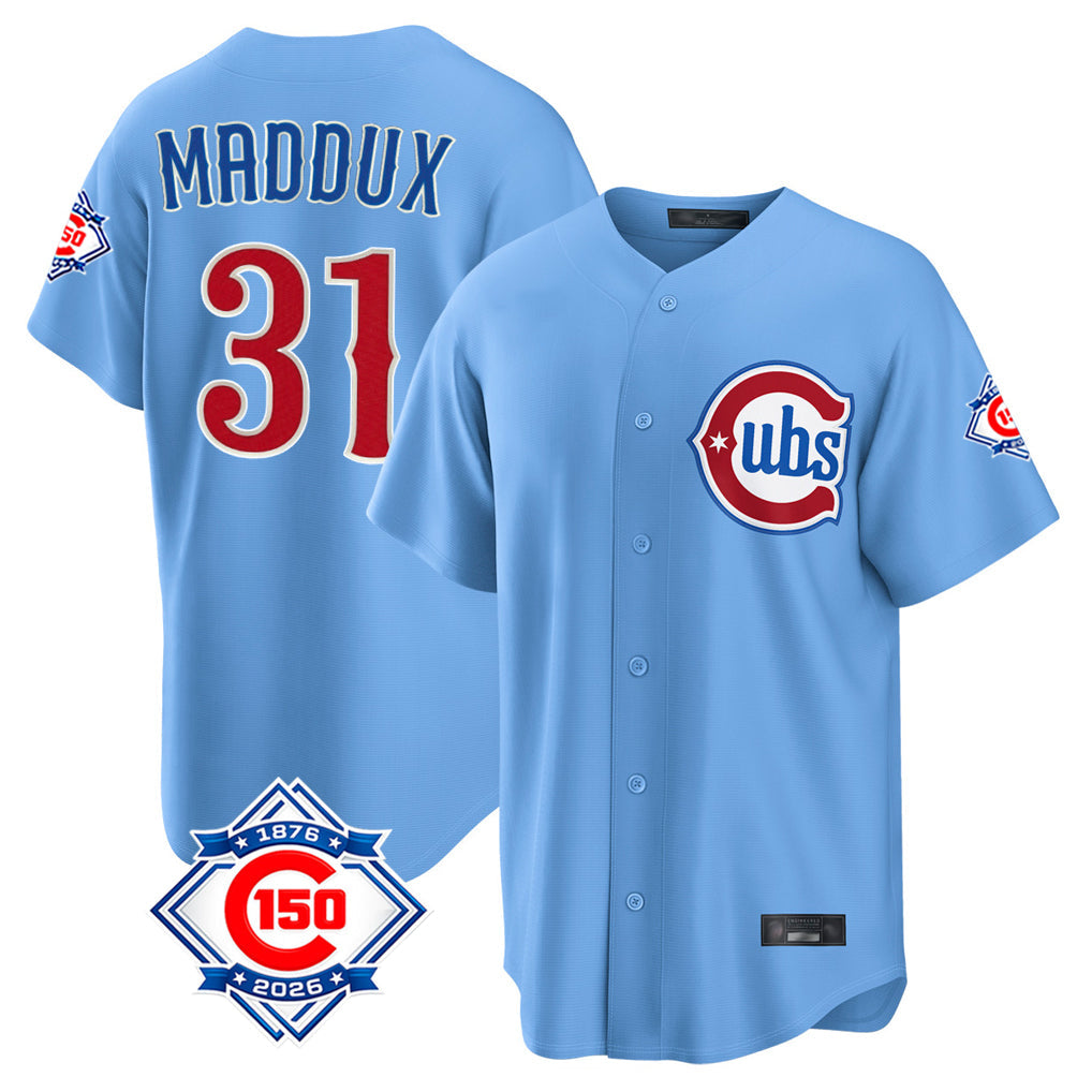 Boles C.Cubs #31 Greg Maddux Player Light Blue 150th Anniversary Home Game Stitched Jerseys
