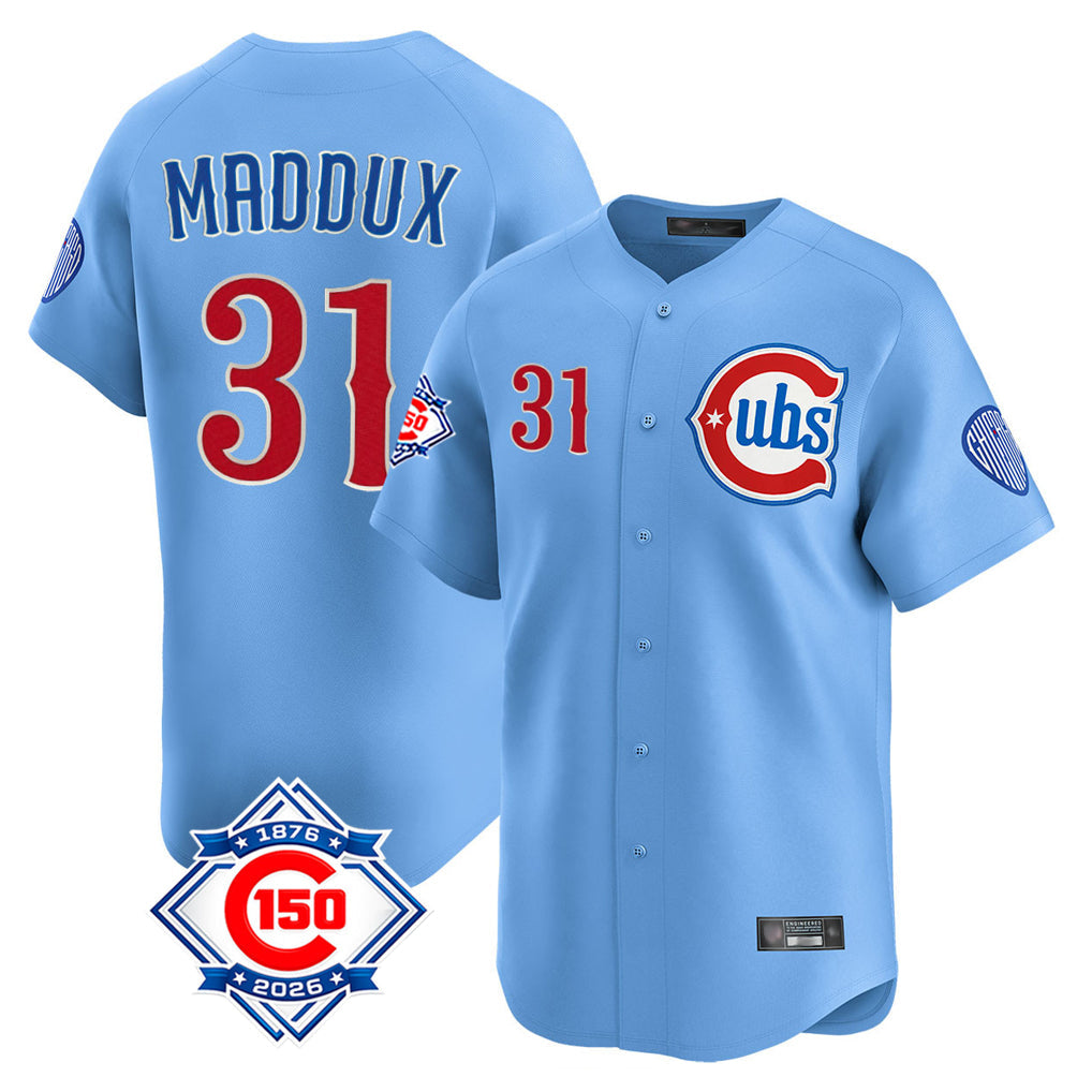 Boles C.Cubs #31 Greg Maddux Player Light Blue 150th Anniversary Limited Home Stitched Jerseys