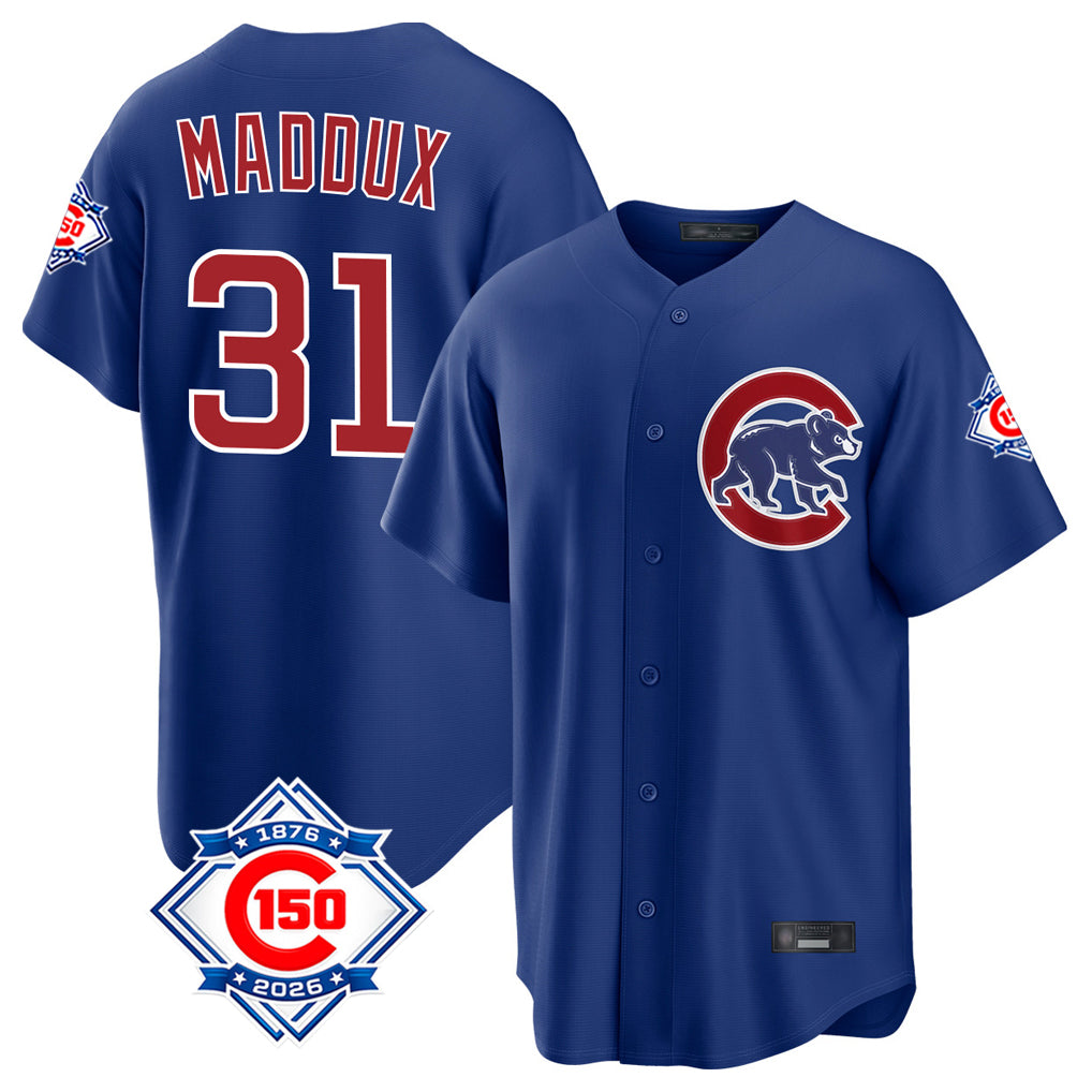 Boles C.Cubs #31 Greg Maddux Player Royal 150th Anniversary Home Game Stitched Jerseys