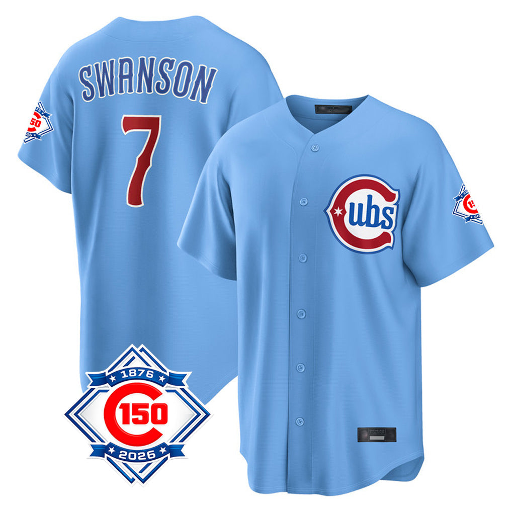 Boles C.Cubs #7 Dansby Swanson Player Light Blue 150th Anniversary Home Game Stitched Jerseys