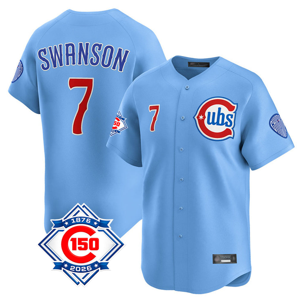 Boles C.Cubs #7 Dansby Swanson Player Light Blue 150th Anniversary Limited Home Stitched Jerseys