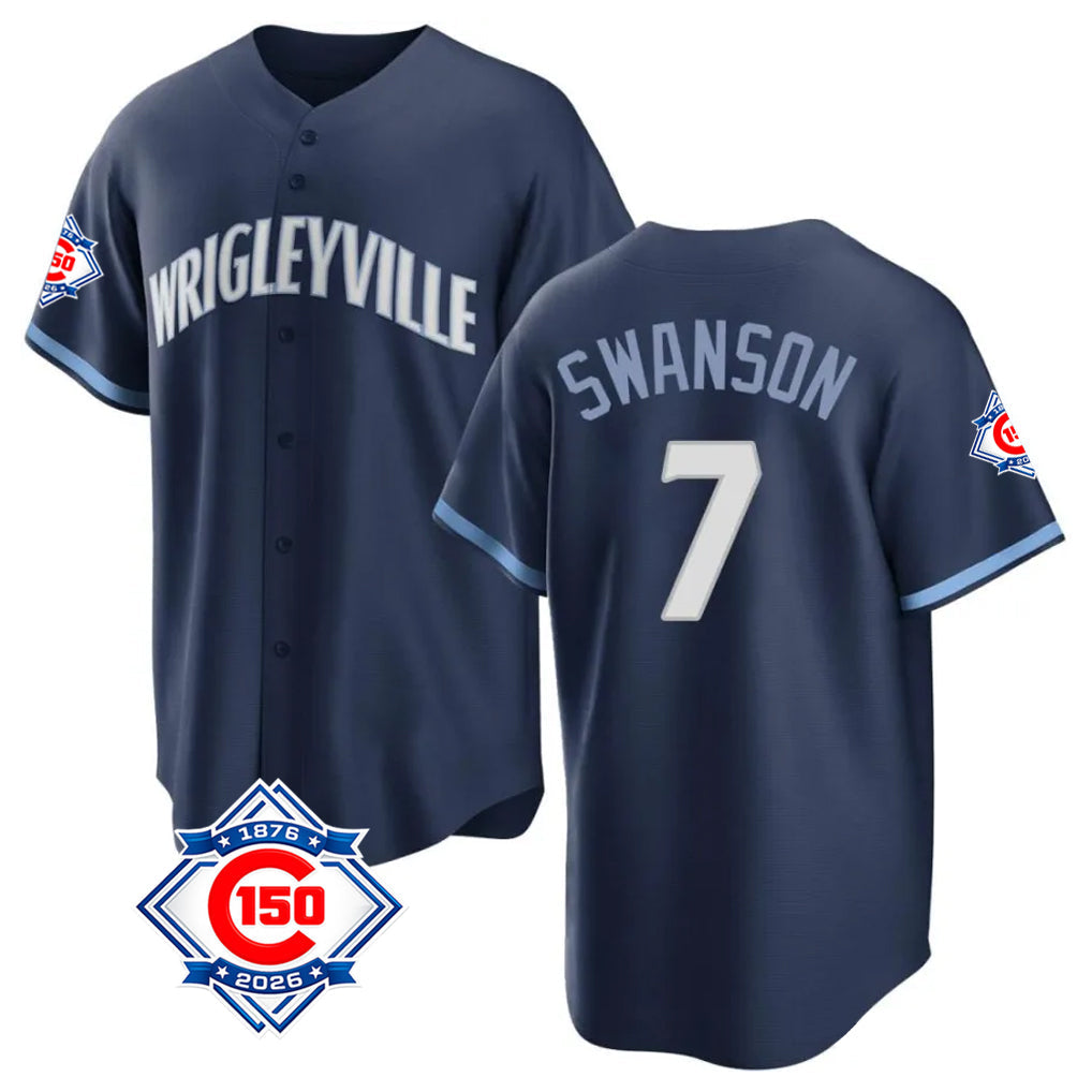 Boles C.Cubs #7 Dansby Swanson Player Navy 150th Anniversary City Connect Home Game Stitched Jerseys