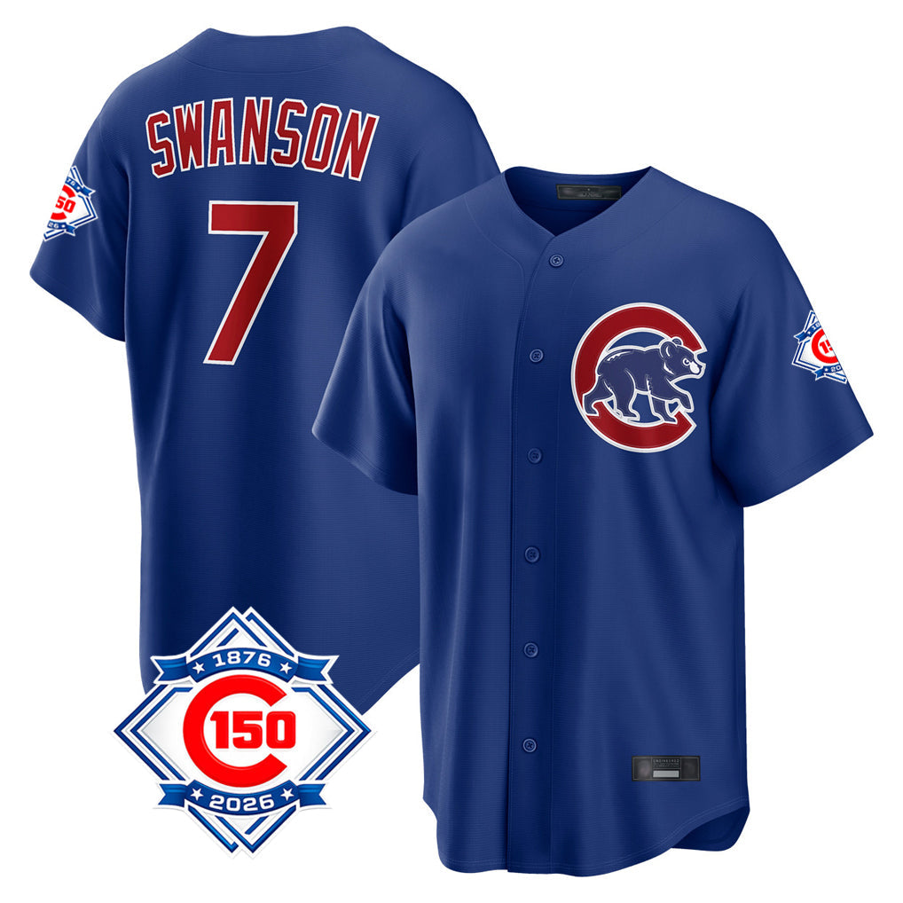 Boles C.Cubs #7 Dansby Swanson Player Royal 150th Anniversary Home Game Stitched Jerseys