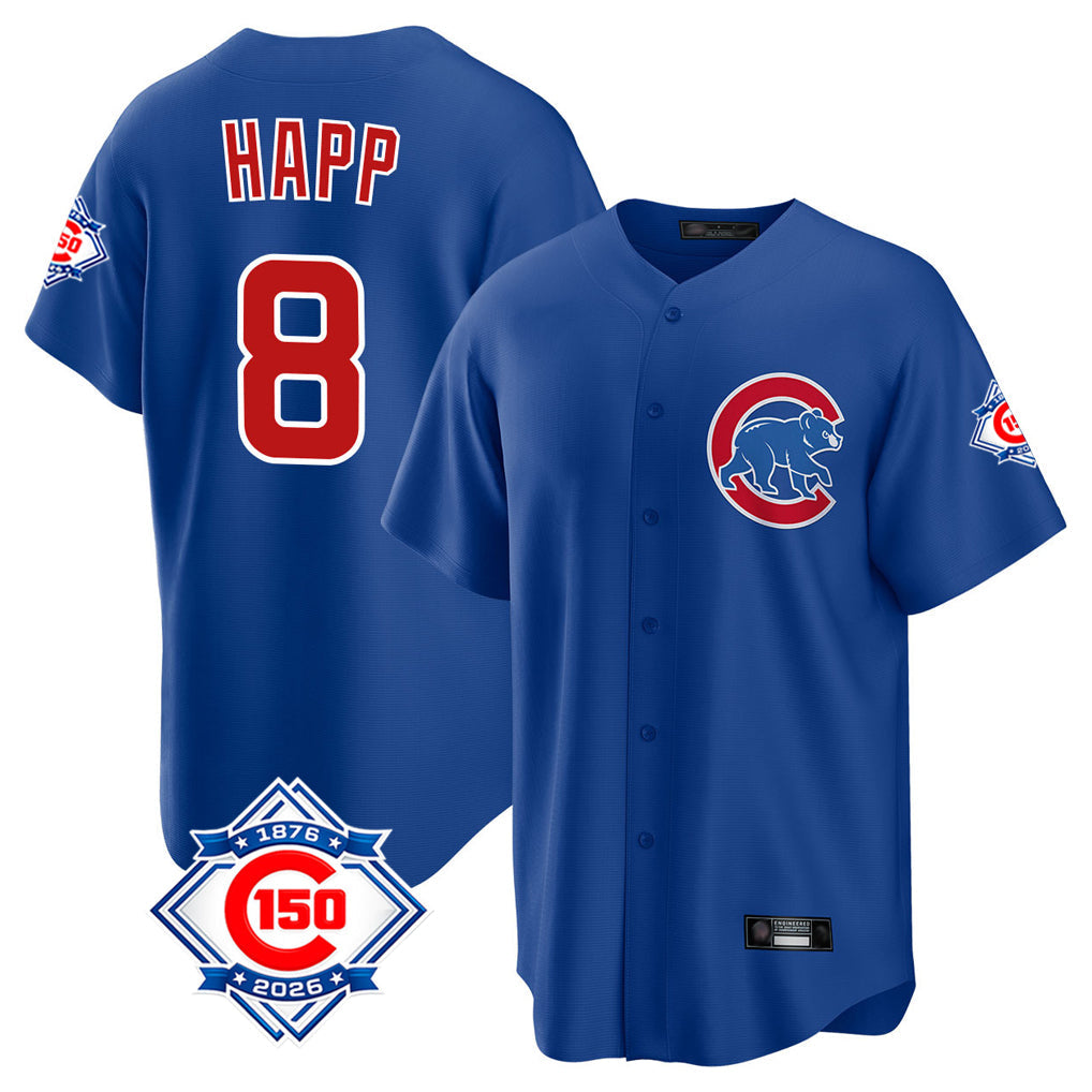 Boles C.Cubs #8 Ian Happ Player Royal 150th Anniversary Home Game Stitched Jerseys