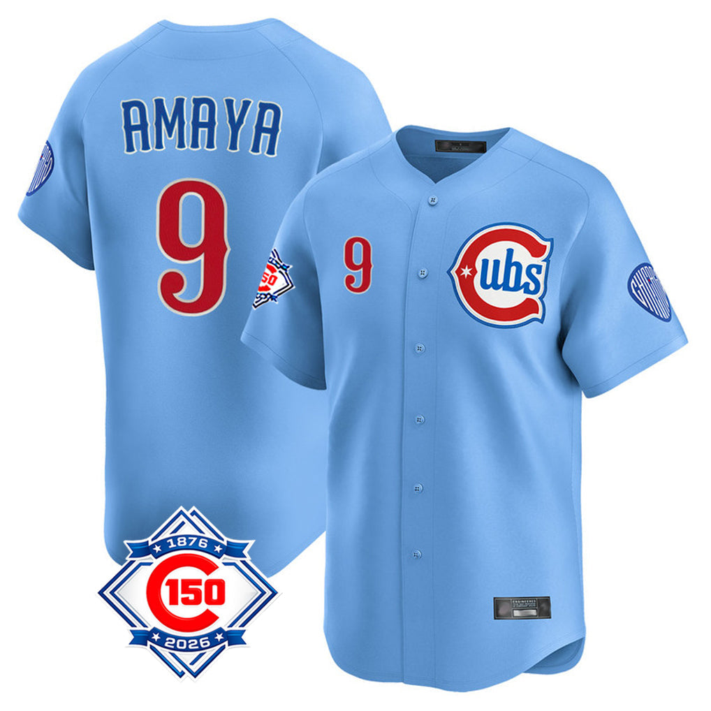Boles C.Cubs #9 Miguel Amaya Player Light Blue 150th Anniversary Limited Home Stitched Jerseys