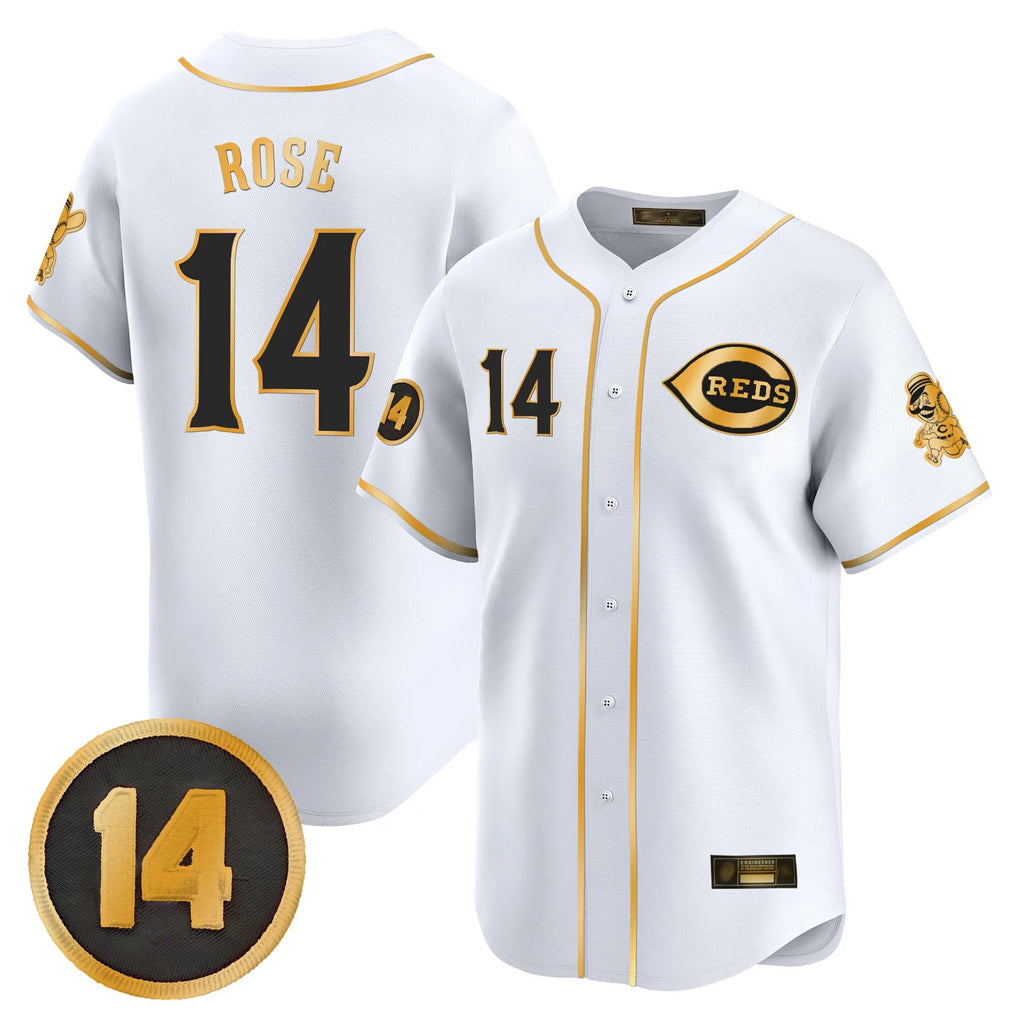 Boles C.Reds #14 Pete Rose Player White-Gold Vapor Premier Limited Home Stitched Jerseys