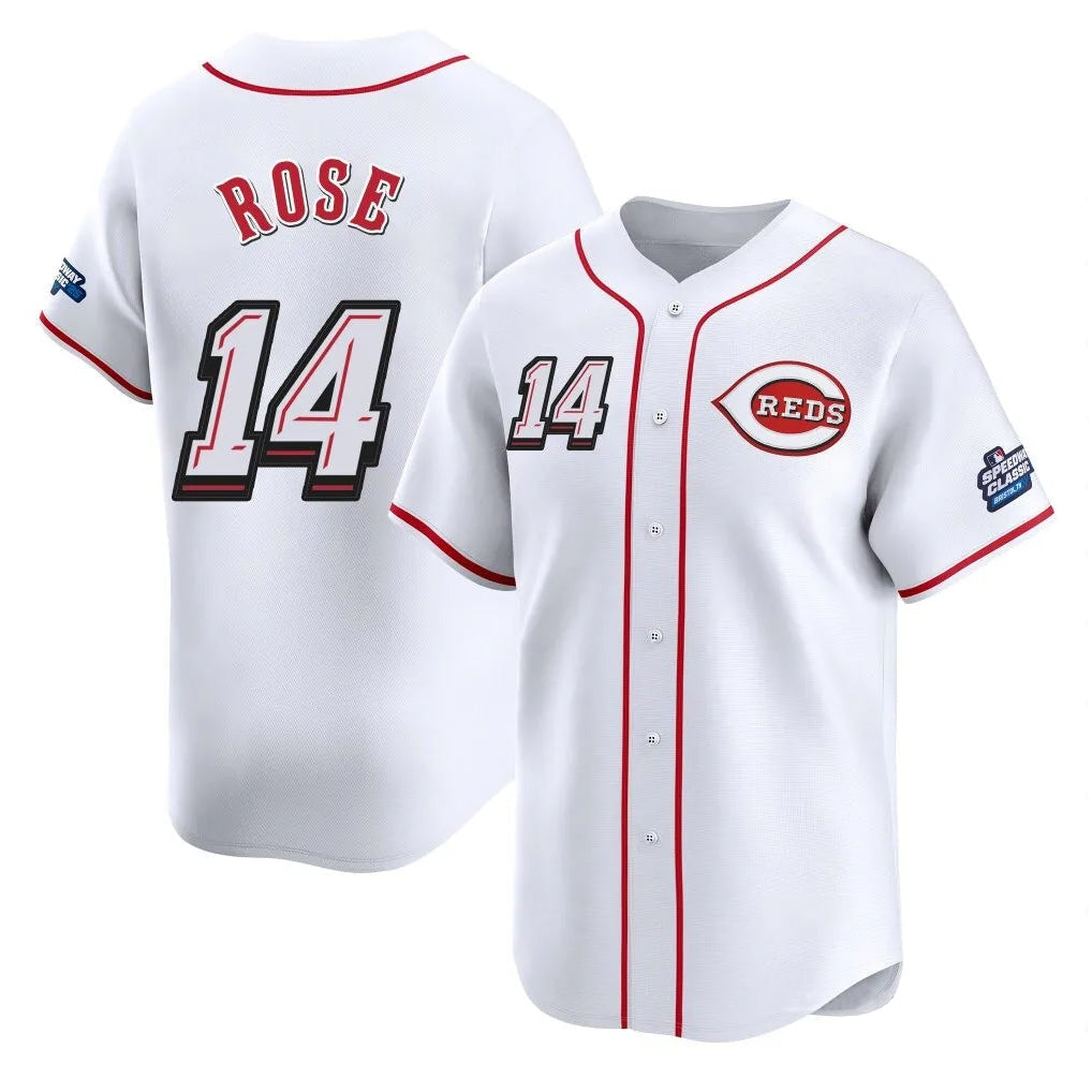 Boles C.Reds #14 Pete Rose Player White Speedway Classic Home Limited Stitched Jerseys