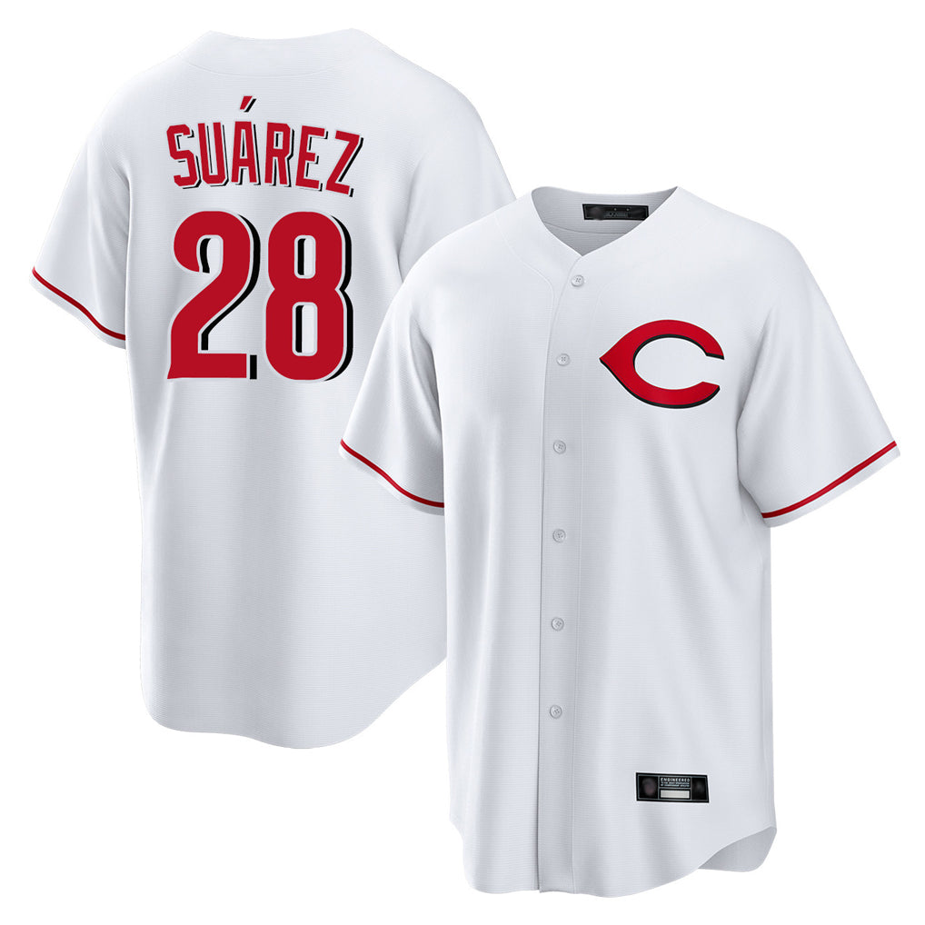 Boles C.Reds #28 Eugenio Su¨¢rez Player White Home Game Stitched Jerseys